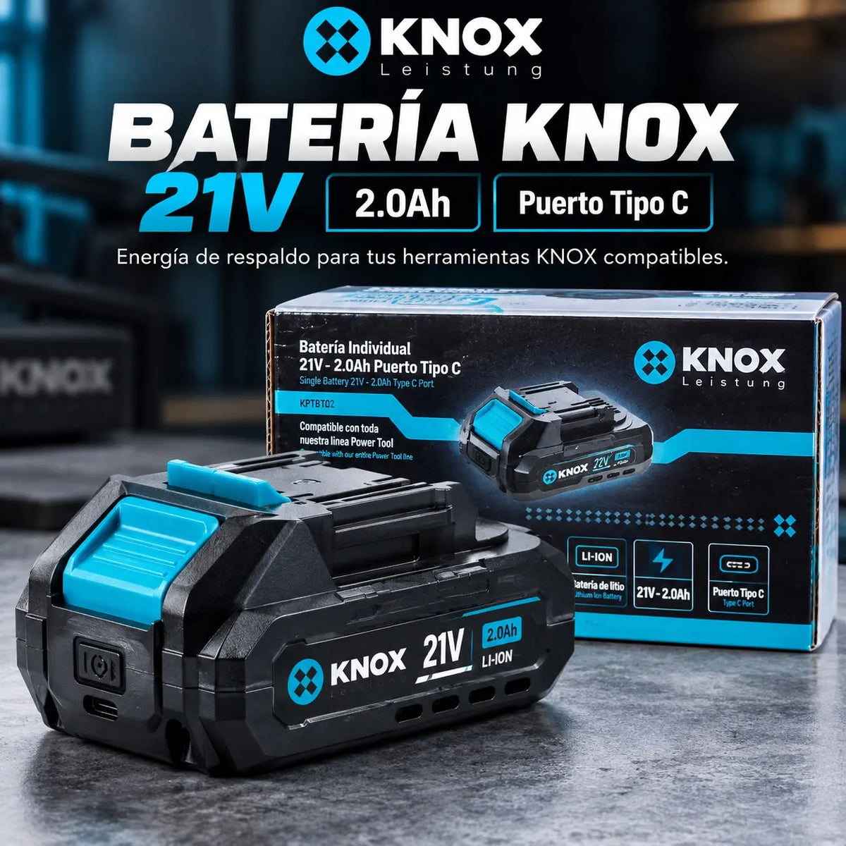 Batería KNOX 21V 2,0Ah Li-Ion con Puerto Tipo C KPTBT02