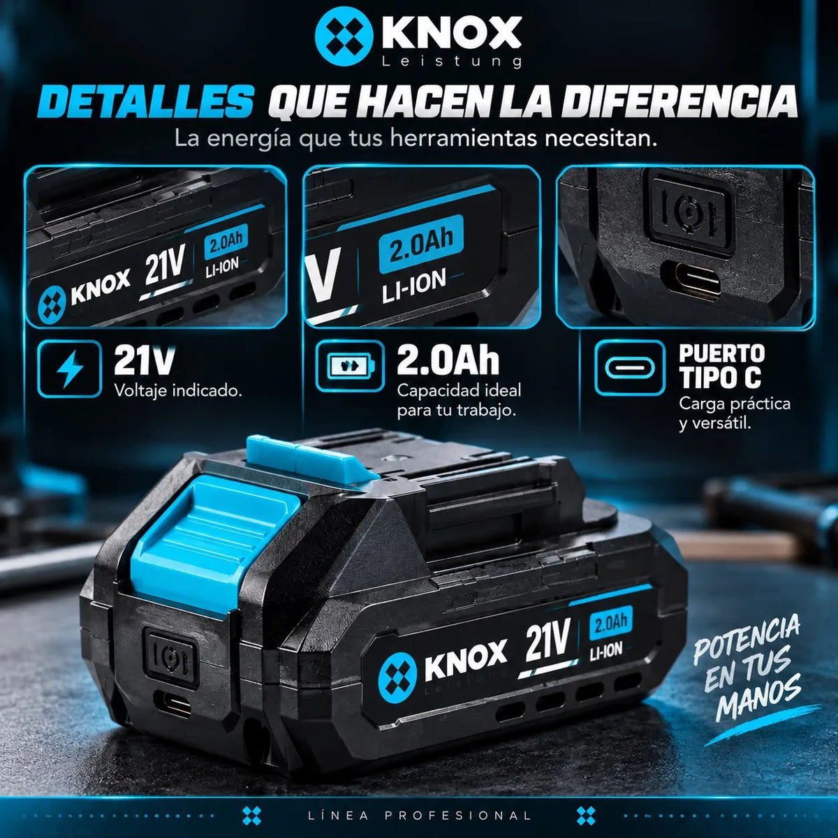 Batería KNOX 21V 2,0Ah Li-Ion con Puerto Tipo C KPTBT02