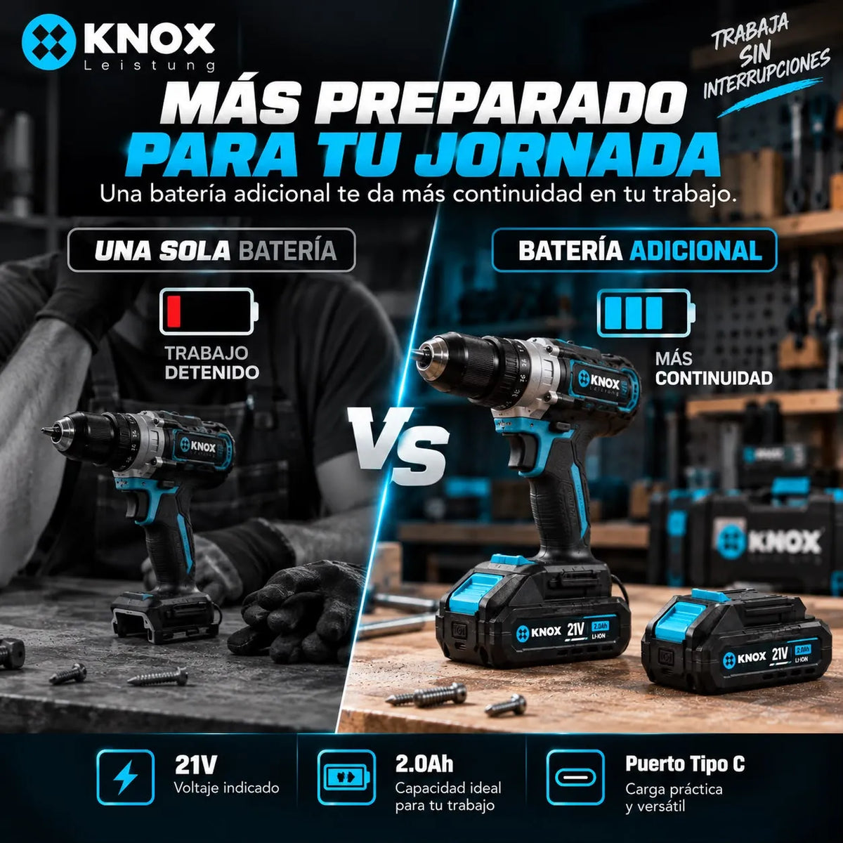 Batería KNOX 21V 2,0Ah Li-Ion con Puerto Tipo C KPTBT02