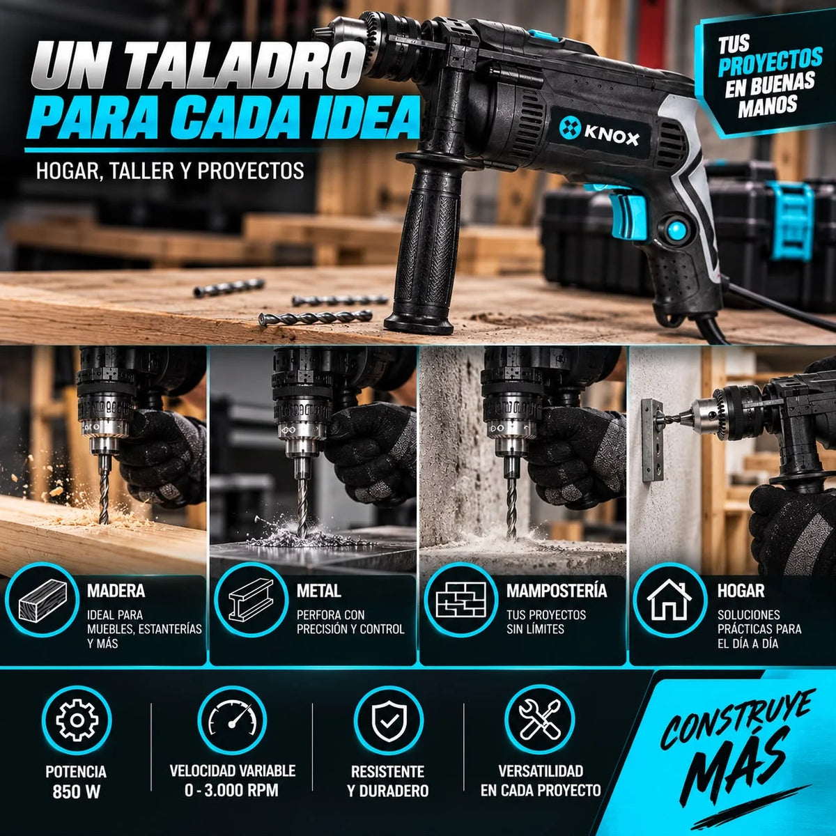 Taladro KNOX 850W de Velocidad Variable 0–3.000 RPM