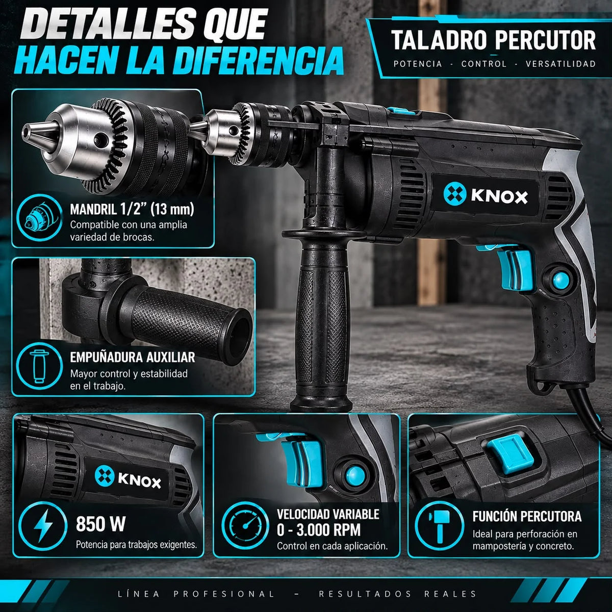 Taladro KNOX 850W de Velocidad Variable 0–3.000 RPM