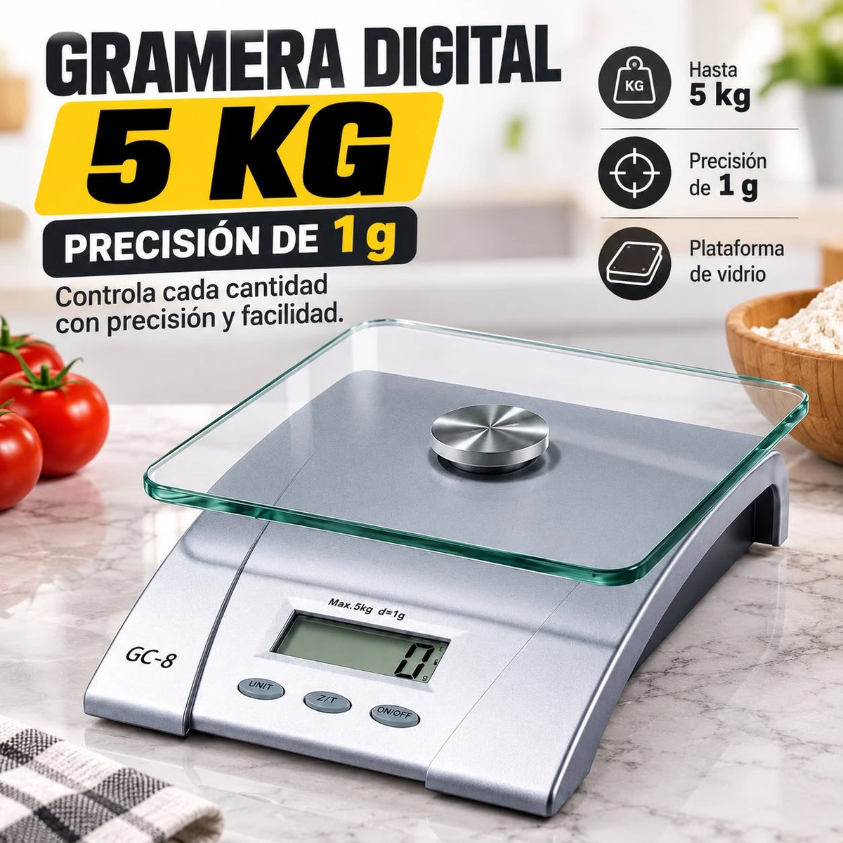 Gramera Digital de Cocina GC-8 5 kg con Precisión de 1 g