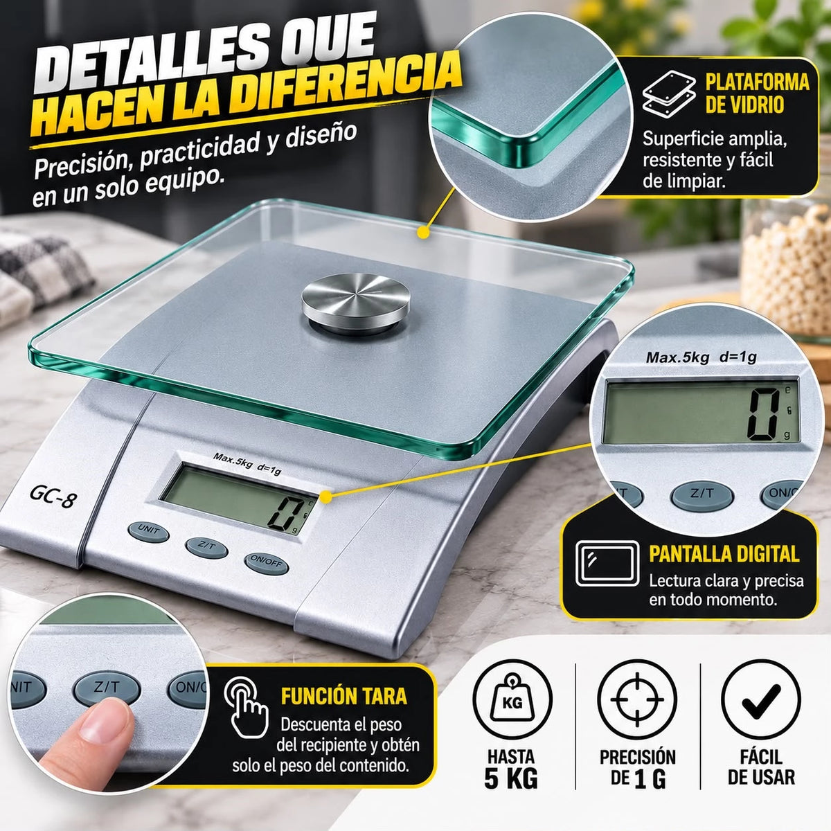 Gramera Digital de Cocina GC-8 5 kg con Precisión de 1 g