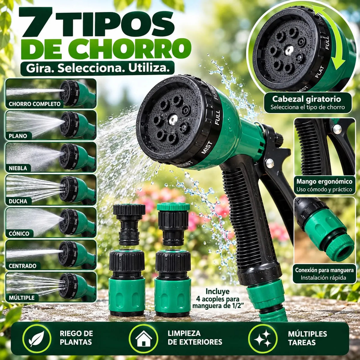 Pistola Jardinera de 7 Chorros con 4 Acoples para Manguera 1/2"