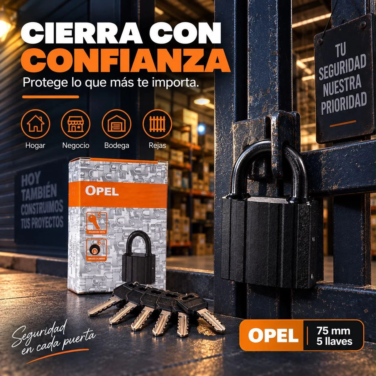 Candado Opel Negro 75 mm con 5 Llaves
