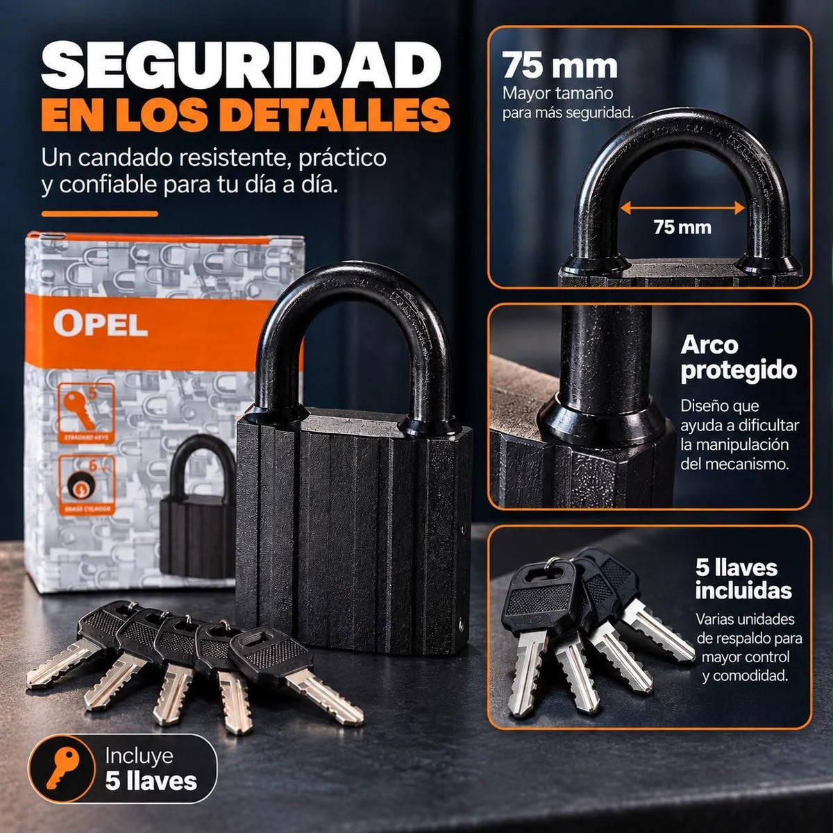 Candado Opel Negro 75 mm con 5 Llaves