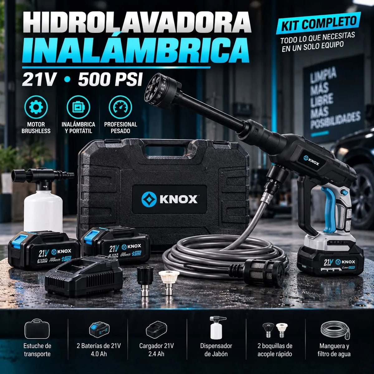 Hidrolavadora Inalámbrica KNOX 21V 500 PSI con 2 Baterías 4.0 Ah