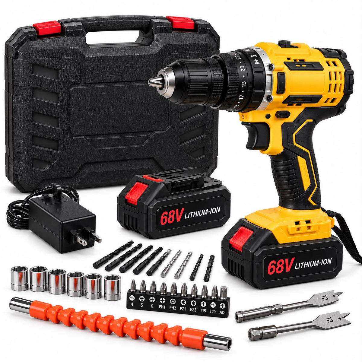 Taladro Inalámbrico 68V con Mandril Metálico de 1/2” y Kit de Accesorios